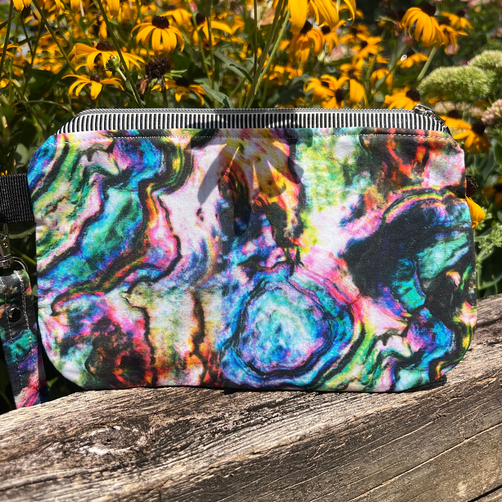 Embroidered Floral Mandala with Firedancer (Black and White Zipper) Clutch with Detachable Wristlet Strap