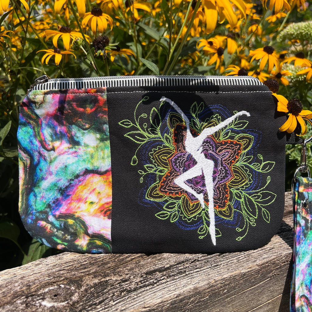 Embroidered Floral Mandala with Firedancer (Black and White Zipper) Clutch with Detachable Wristlet Strap