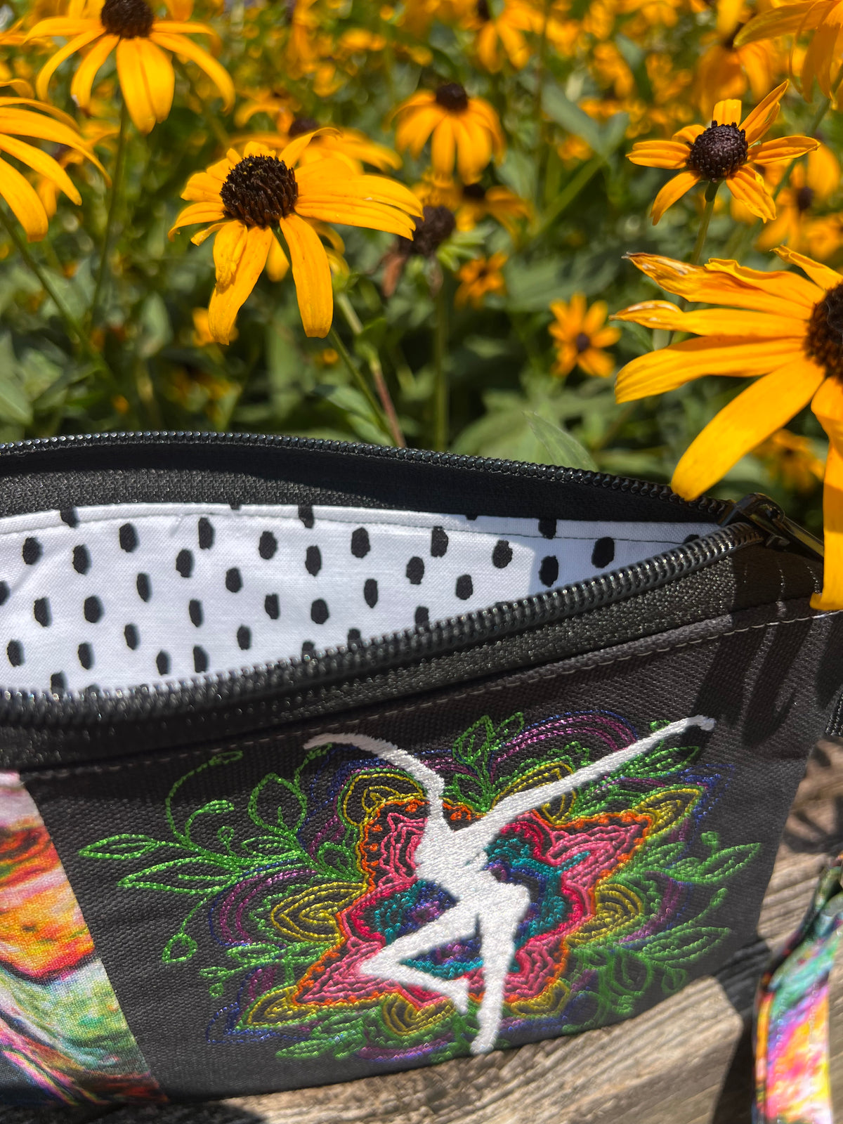 Embroidered Floral Mandala with Firedancer (Solid Black Zippered) Clutch with Detachable Wristlet Strap