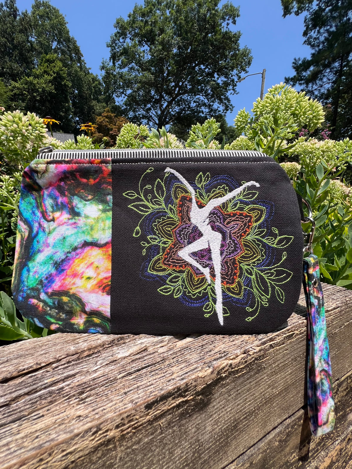 Embroidered Floral Mandala with Firedancer (Black and White Zipper) Clutch with Detachable Wristlet Strap