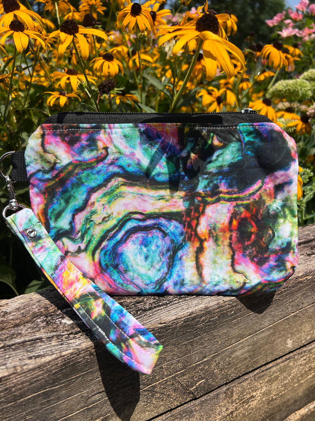 Embroidered Floral Mandala with Firedancer (Solid Black Zippered) Clutch with Detachable Wristlet Strap