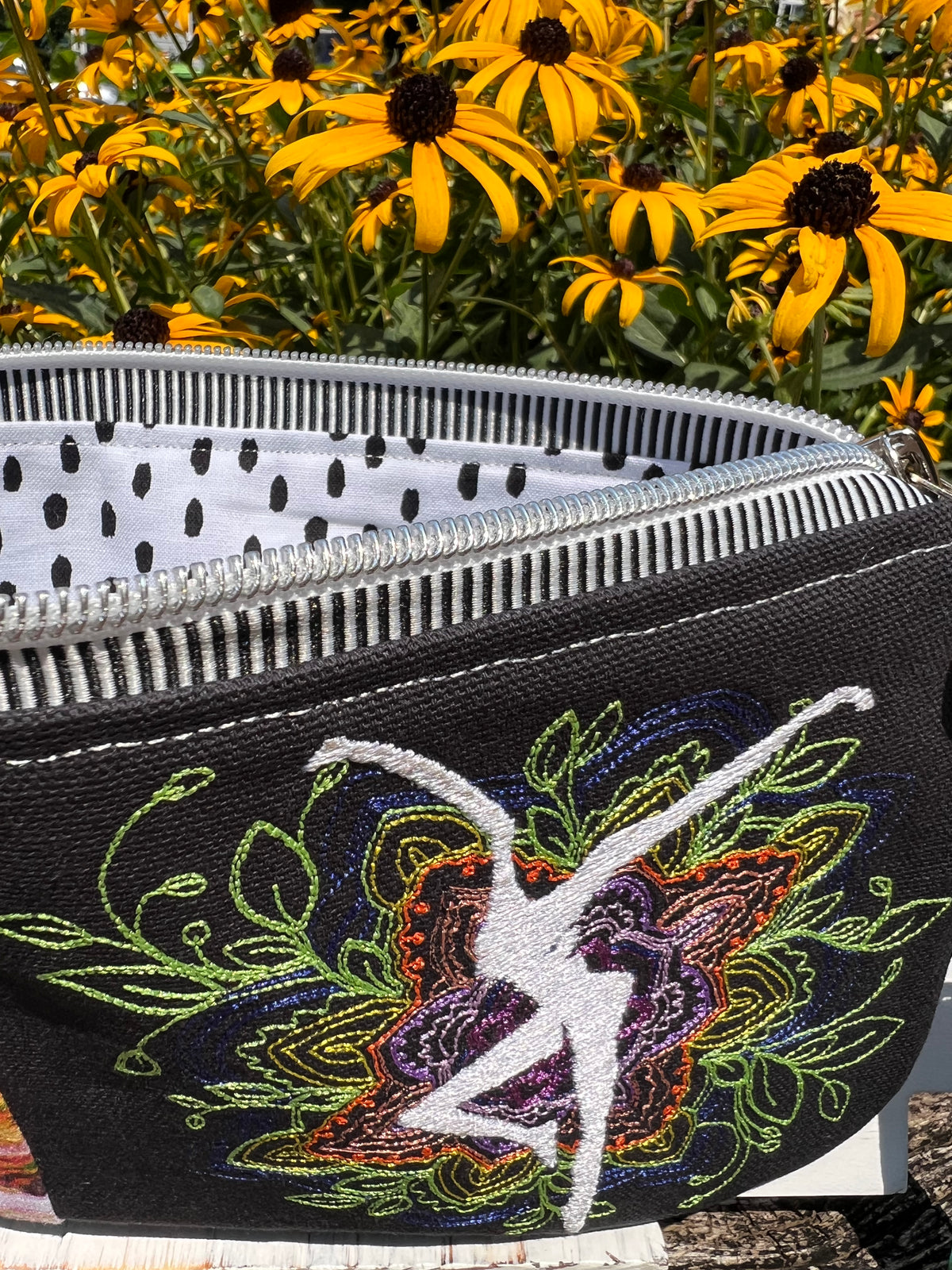 Embroidered Floral Mandala with Firedancer (Black and White Zipper) Clutch with Detachable Wristlet Strap