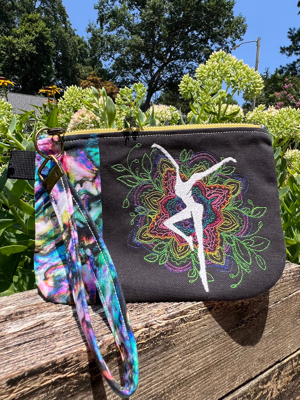 Embroidered Floral Mandala with Fireancer (Yellow Zipper) Clutch with Detachable Wristlet Strap