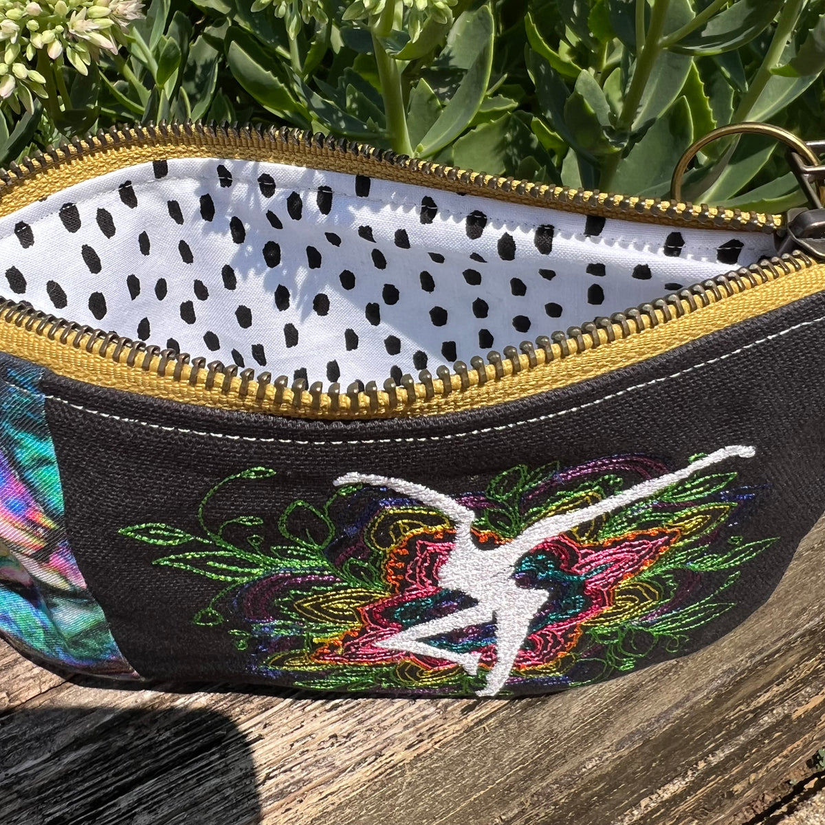 Embroidered Floral Mandala with Fireancer (Yellow Zipper) Clutch with Detachable Wristlet Strap