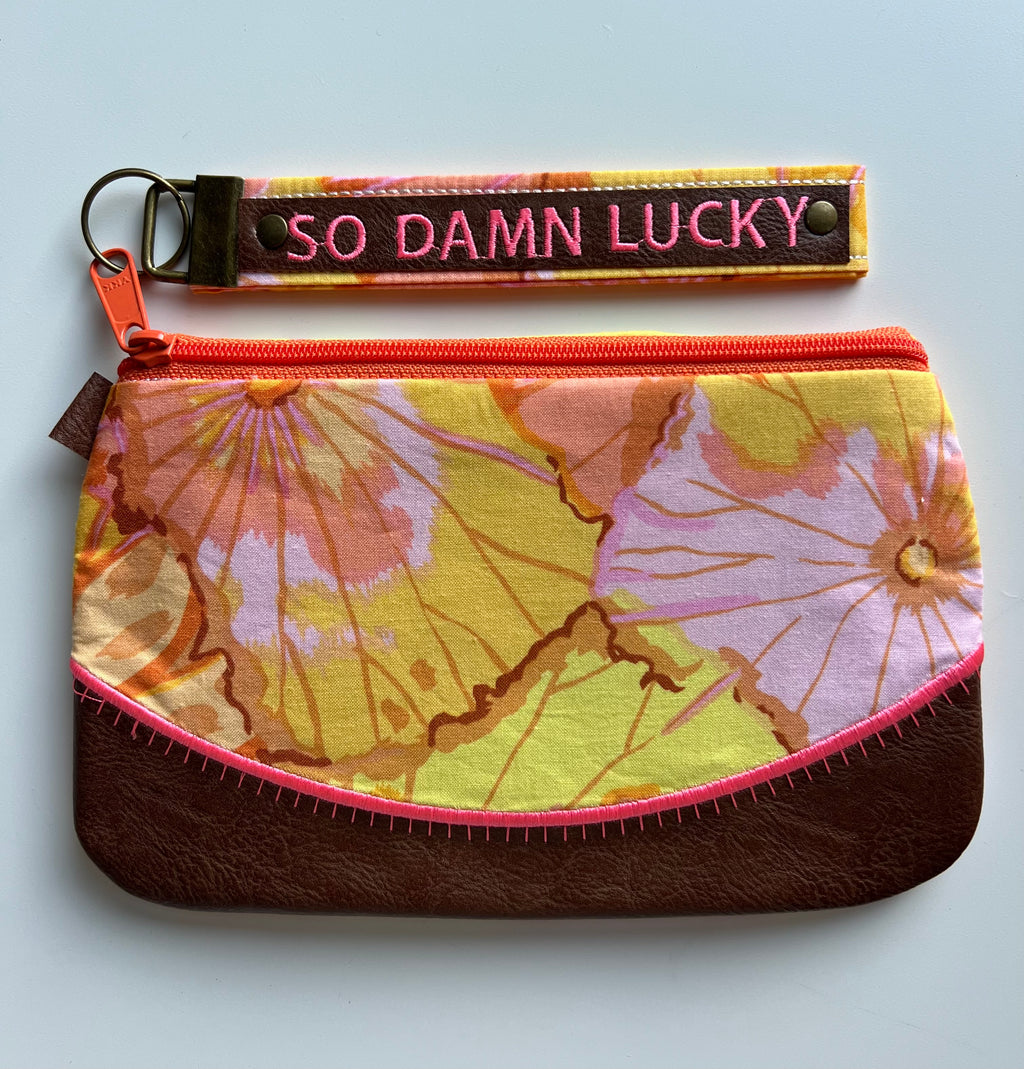 So Damn Lucky Wristlet with Removable Strap • DMB Inspired • Embroidered Floral Pouch • Bag
