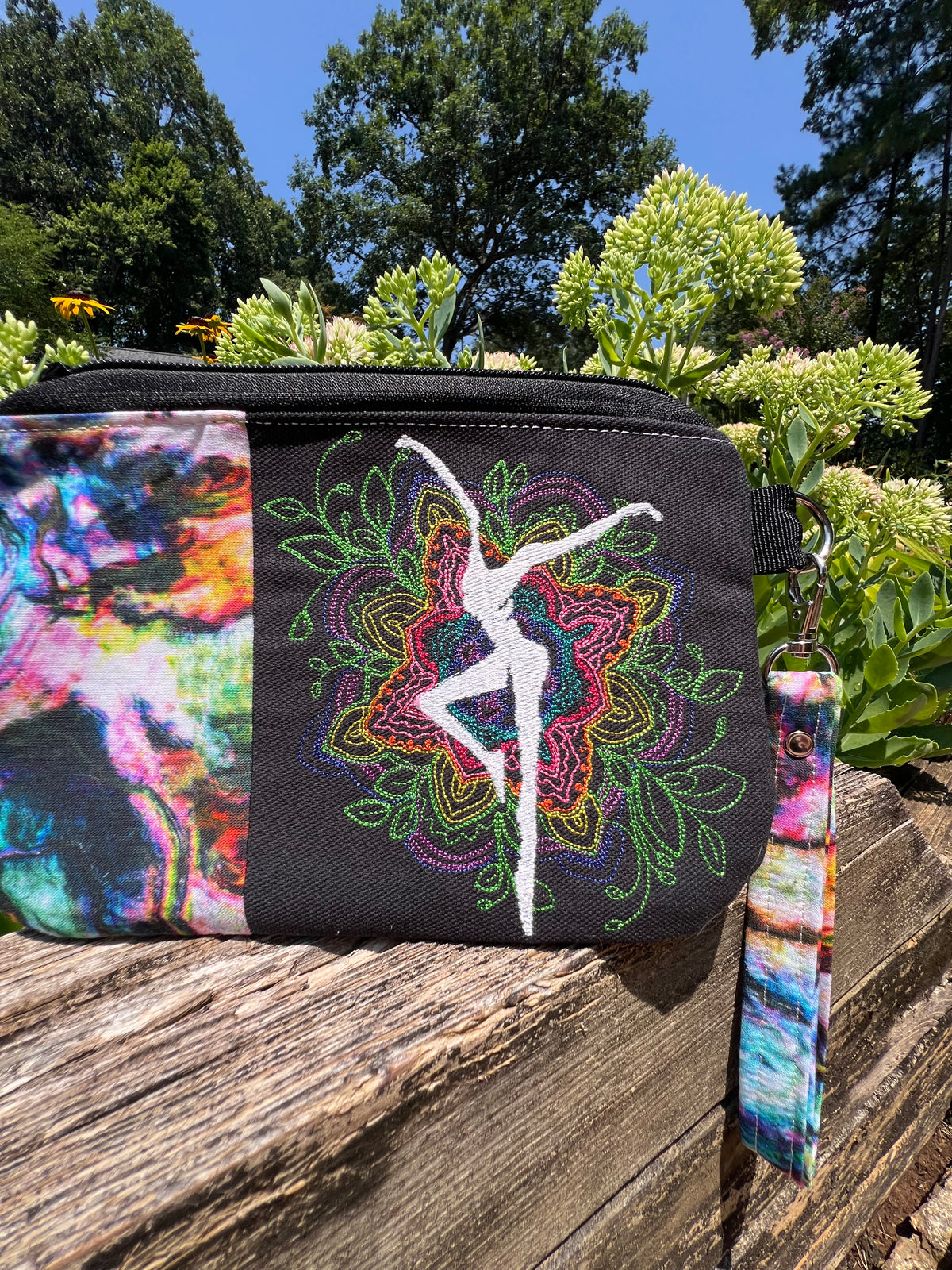 Embroidered Floral Mandala with Firedancer (Solid Black Zippered) Clutch with Detachable Wristlet Strap
