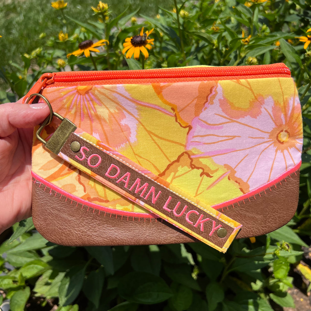 So Damn Lucky Wristlet with Removable Strap • DMB Inspired • Embroidered Floral Pouch • Bag