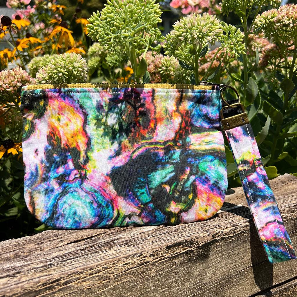 Embroidered Floral Mandala with Fireancer (Yellow Zipper) Clutch with Detachable Wristlet Strap