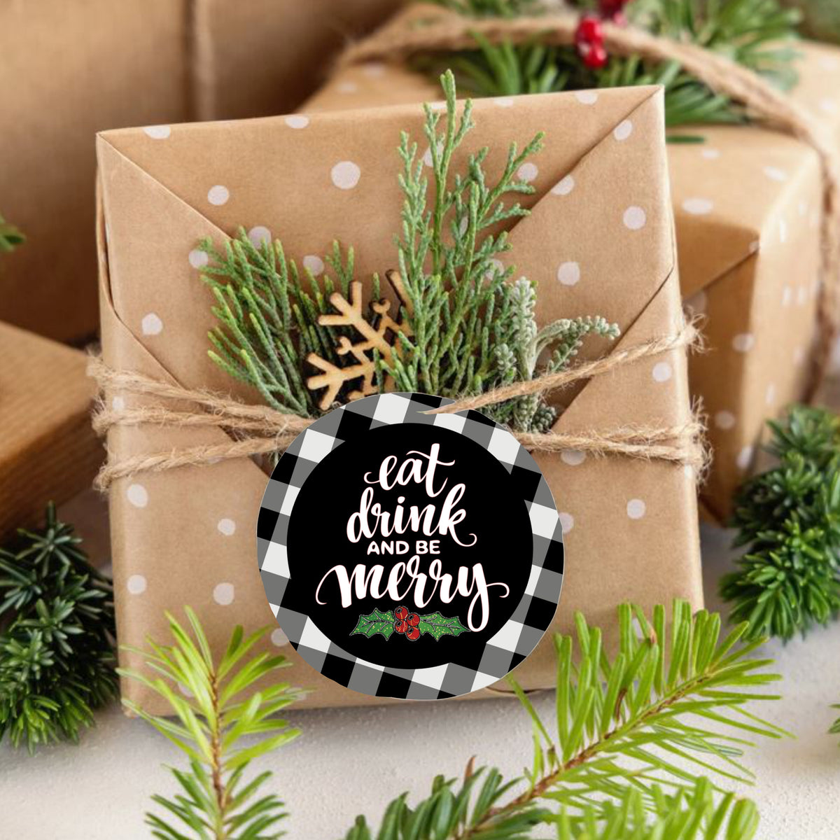 Eat Drink and Be Merry Black and White Gingham Ornament